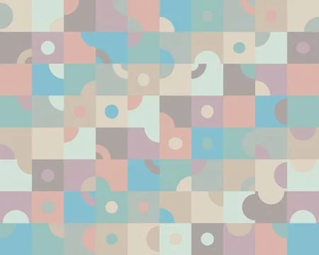 A calm patchwork of pastel squares, circles, and curved forms creates a sof.. Ilustración de archivo