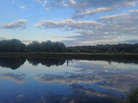 Calm pond reflecting cloudy evening sky and forest. Stock Photos