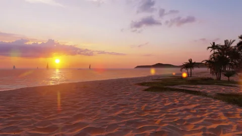 Calm red orange clouds sunset dusk palm beach waves paradise vacation scene Stock Footage 181449351