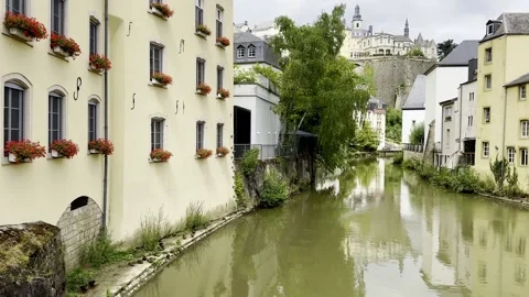 Calm river canal running through a historic European old town. Video stock 345413981