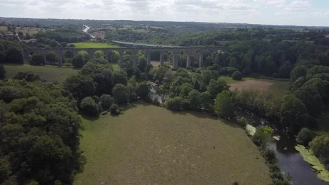 Calm River Drone Over Bridge in France Video stock 331720871