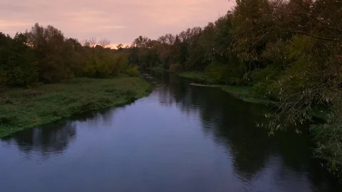 Calm river during sunset. Rural landscape of Europe.  Stock-Footage 70484028