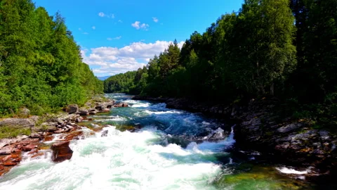 Calm River Flow in Mountain Valley, Oppdal Norway Stock Footage 318537613