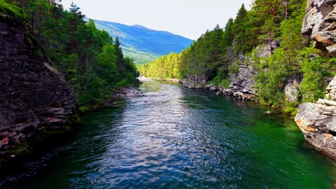 Calm River Flow through Mountain Canyon, Oppdal Norway Stock Footage 318534244