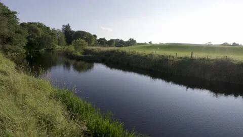 Calm river flowing through green fields in the countryside. Stock Footage 159368644