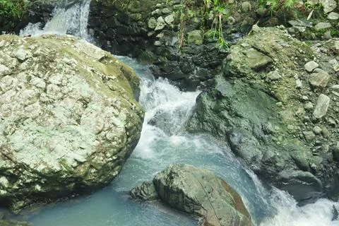 Calm River Flowing Through Rocks in a Tropical Forest Stock Photos