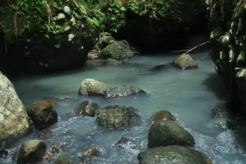 Calm River Flowing Through Rocks in a Tropical Forest Stock Photos