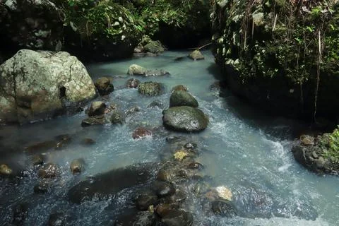 Calm River Flowing Through Rocks in a Tropical Forest Stock Photos