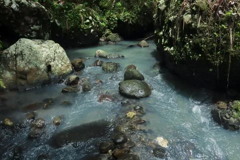 Calm River Flowing Through Rocks in a Tropical Forest Stock Photos