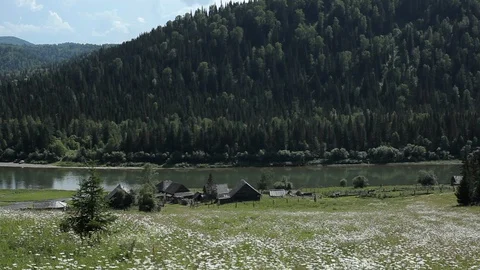 Calm river flows along mountain, on shore wooden village houses, summer, taiga Stock Footage 128276170