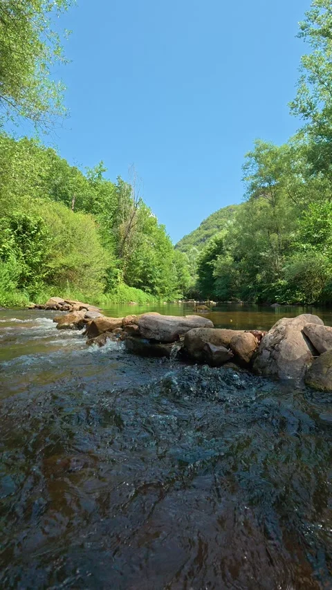 Calm river flows over smooth stones. Temska River Canyon, Vertical 動画素材 345897853