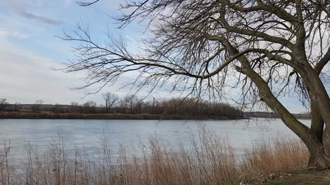 Calm river with gentle ripples and slow moving clouds Stock Footage 331764439
