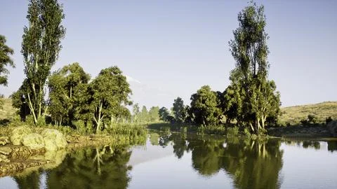 Calm river reflecting trees under clear blue sky in a serene landscape Stock Illustration