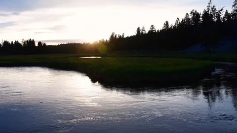 Calm river running through a grassy field while sunset Stock Footage 128205226