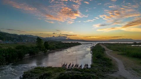 Calm River Scene at Sunset 스톡 사진