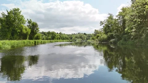 Calm River with Tree Reflections and Cloudy Sky Landscape 库存影片 333036281