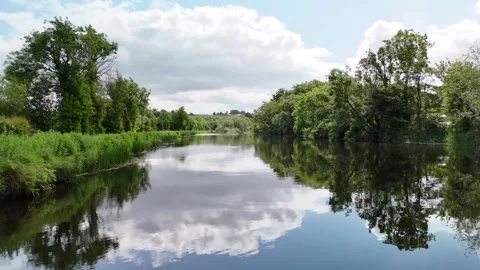 Calm River with Tree Reflections and Cloudy Sky Landscape Stock-Footage 333037641