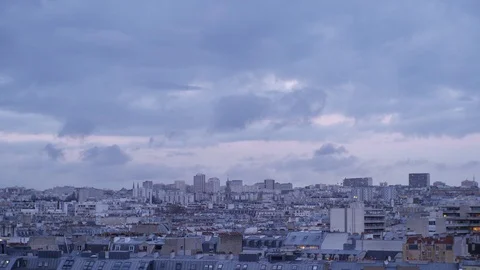 Calm Rooftop View Of Paris Skyline With Blue Purple Skies. Locked Off Stock Footage 126148380