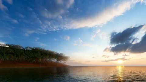 Calm scene with palm trees at sunset Stock Footage 146888842