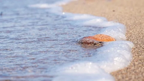 Calm Sea Foam Lapping Over Smooth Rock On Sandy Beach Close-Up At Sunrise Stock Footage 337408799