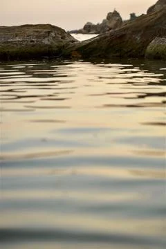 Calm sea surface colored by the rays of the setting sun. Stock Photos
