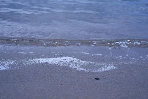 Calm sea waves gently lapping onto a wet sandy shore  Stock Photos