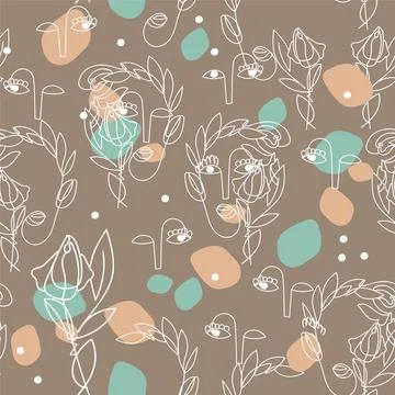 Calm seamless pattern with abstract outline of women faces on craft paper. Stock Illustration