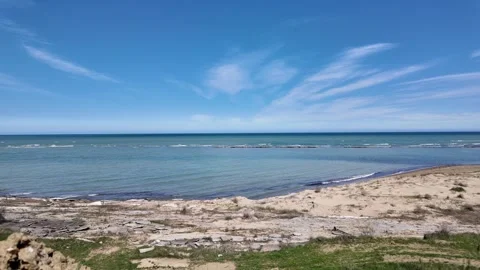 A calm seashore, a blue sky with clouds and seagulls flying in the distance Stock Footage 308615782