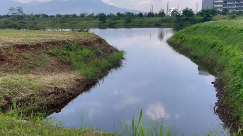 A calm small river or canal with grassy banks and a distant cityscape. Stock Footage 320481983