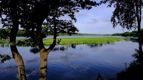Calm Summer River with Tree Reflections 4K Nature Scene Stock Footage 328645626