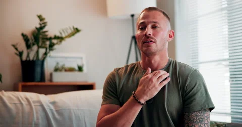 Calm, therapy and man with eft tapping on sofa for anxiety, mental health and Stock Footage 271142930