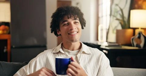 Calm, thinking or man in house with coffee, memory or insight with morning .. Stock Photos