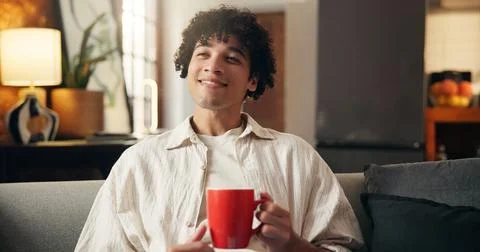 Calm, thinking or man on sofa with coffee, past memory or insight with morn.. Stock Photos