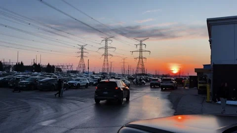 Calm Toronto Sunset Over Parking Lot and Power Lines Stock-Footage 331608228