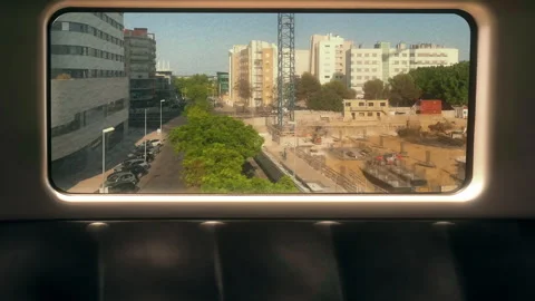 Calm Travel View Through Train Window With City Buildings Outside Video stock 318621880
