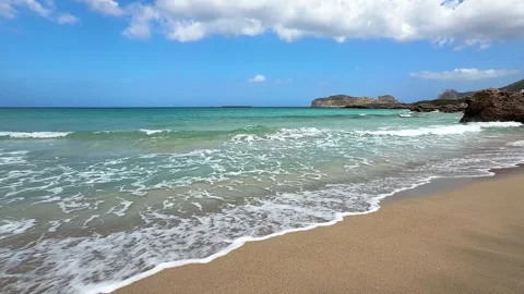 Calm Turquoise Sea Waves on Sandy Beach in Crete, Greece Stock Footage 341559324