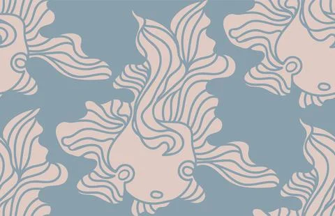 Calm vector seamless pattern with doodle fish with wavy fins. Stock Illustration