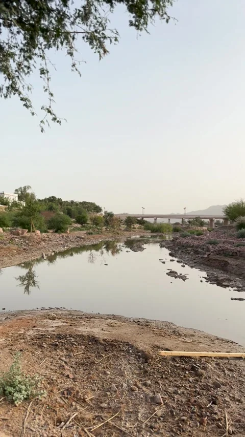 Calm Water and Distant Bridge at Wadi Al Aqeeq 動画素材 337888353