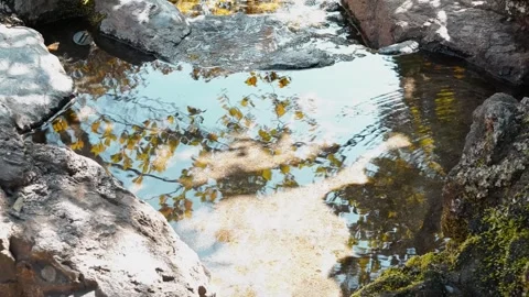 Calm water pool reflecting sky among mossy rocks Stock Footage 339847302