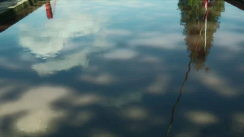Calm water reflecting blue sky, fluffy clouds and tree silhouettes near a d.. Stock Footage 346754633