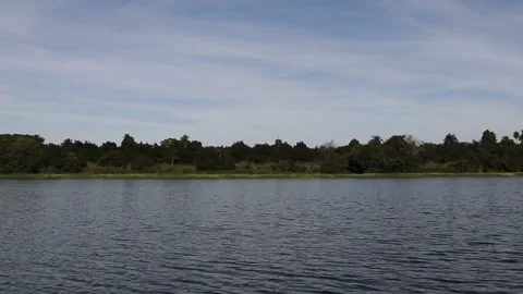 Calm water river loop, with blue sky, trees and clouds.  Stock Footage 154508135