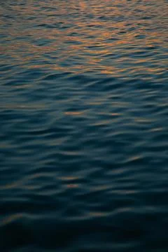 Calm water surface reflecting sunset colors near the shoreline at dusk in a Foto stock