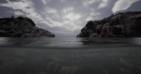 Calm water surface reflects clouds between rocky cliffs at twilight Stock Illustration