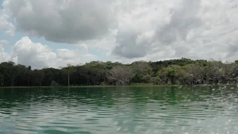 Calm waters and dense jungle shoreline on Lake Peten Itza in Peten Guatemala Stock Footage 335364754