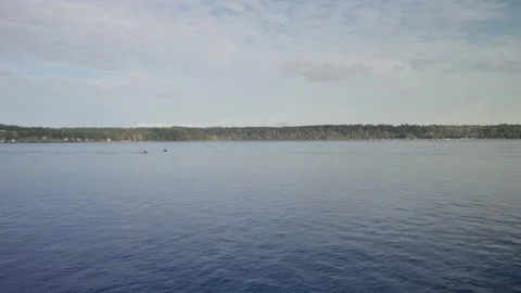 Calm waters of the Discovery Passage with two jet skis passing through. Stock Footage 301114723