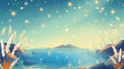 Calm Waters Edge: Rocks, Grass, and Distant Mountains Frame a Serene Ocean View Stock Footage 306505424