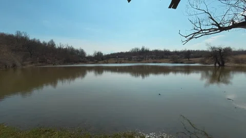 Calm waters mirror distant trees under clear blue skies. Mount Rtanj Area Vidéo 331294733