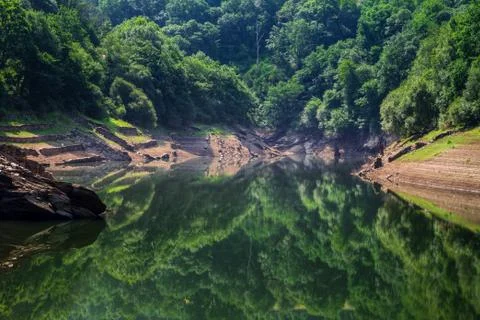 Calm waters reflect the forest in a river Stock Photos