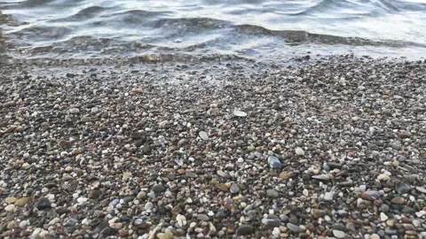 Calm waves of clear Middle Rhine river lapping at wet pebbles shore.Copy space Stock Footage 135162642