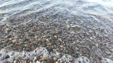 Calm waves of clear Middle Rhine river lapping at wet pebbles shore.Copy space Stock Footage 135172515